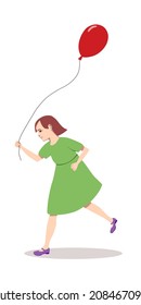 Little pretty girl with red helium balloon run in flat vector illustration