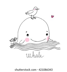 Little pretty whale and seagull. Hand drawing isolated objects on white background. Vector illustration. Coloring book