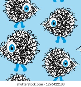 Little prickly cute creatures walk on blue field, seamless pattern