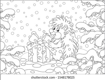 Little prickly surprised hedgehog with a Christmas gift under snow-covered branches of firs in a winter forest on a snowy day, black and white vector cartoon illustration