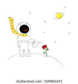 a little prince in an astronaut costume is watering a rose on his planet