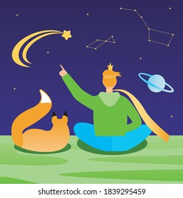 Little prince, book character. Flat vector stock illustration. Modern little prince, fox. Sky at night, space, stars. The little prince with the fox looks at the sky. Illustration for book