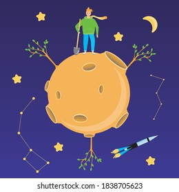 Little Prince, book plot. Flat vector stock illustration. Modern little prince, planet, baobabs. Illustration, book plot for printing. Little prince book character. Vector illustration for book