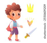 Little prince boy character design. Boy child wearing Prince costume and items like a sword, crown and a cape. Colorful vector clip art graphics for children.