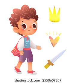 Desenho de personagem de menino pequeno príncipe. Menino vestindo traje de Prince e itens como uma espada, coroa e uma capa. Gráficos de clip-art vetoriais coloridos para crianças.