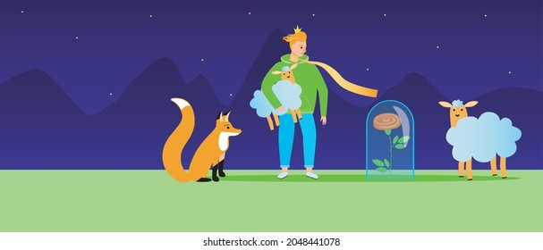 The little prince and the characters of the book, copy space template. Flat vector stock illustration. Rose, fox, sheep, baobab as heroes. Template for the book The Little Prince for overlay