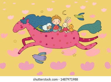 Little Prince. Cute cartoon boy in a crown flies on a pony. Cheerful hare, sheep and chicken