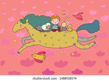 Little Prince. Cute cartoon boy in a crown flies on a pony. Cheerful hare, sheep and chicken