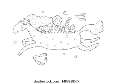 Little Prince. Cute cartoon boy in a crown flies on a pony. Cheerful hare, sheep and chicken