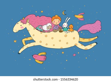 Little Prince. Cute cartoon boy in a crown flies on a pony. Cheerful hare, sheep and chicken