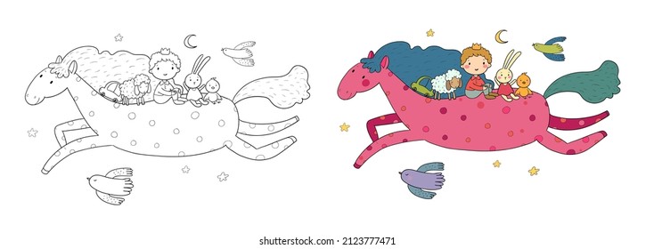 Little Prince. Cute cartoon boy in a crown flies on a pony. Cheerful hare, sheep and chicken. Illustration for coloring books. Monochrome and colored versions.