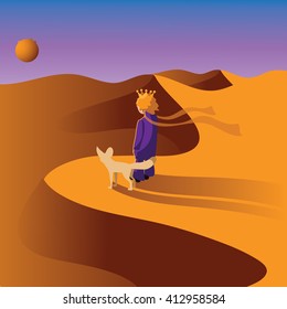 Little prince with a Fennec fox in the desert. EPS 10 vector.