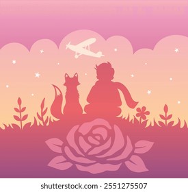 Little prince flat illustration. Silhouette of a boy fox and roses against the background of the evening sky and stars.