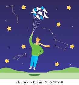 The little prince flies on doves. Flat vector stock illustration. Modern little prince for the book. The concept of a fairy tale, magic, kindness. Illustration with constellations, stars, night sky