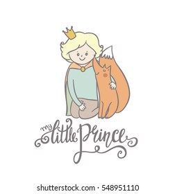 Little Prince And Fox. Beautiful Greeting Card In Vector