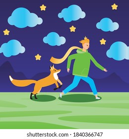 Little prince, fox, book plot. Flat vector stock illustration. Modern little prince, sky at night, clouds, fox. Illustration with character prince as card for web, print in book