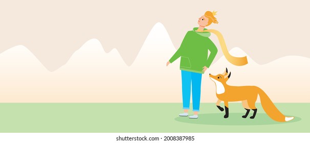 Little prince and fox, copy space template. Flat vector stock illustration. The character of the book The Little Prince. Taming the fox. A friend with a prince. Place for text