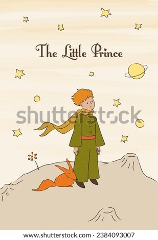 The little prince with fox. Le petit prince. Planet and rose. Fairy tale. Inspirational quote card, Invitation, Poster, Banner. Line drawing with texture, Hand drawn style. Flat vector illustration. 商業照片 © 