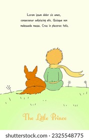 The little prince and fox looking at the sky  Le petit prince  Nursery poster print for baby room  Copy space template  Line drawing  Hand drawn style  Flat vector illustration 