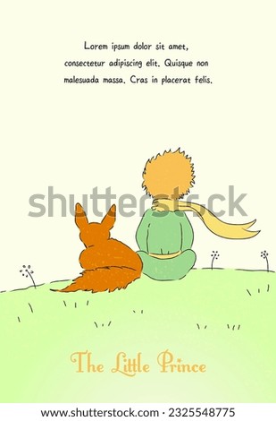 The little prince with fox looking at the sky. Le petit prince. Nursery poster or print for baby room. Copy space template. Line drawing, Hand drawn style. Flat vector illustration. Foto stock © 