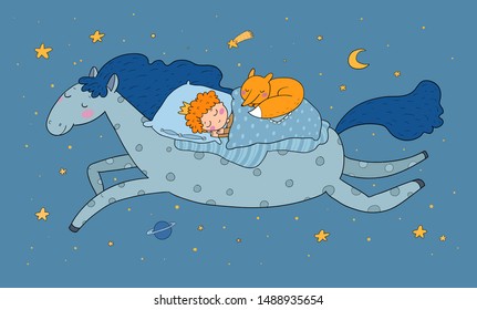 The little prince and the fox. The magic pony. Fairytale horse.