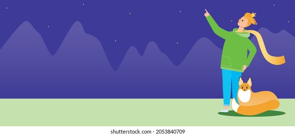 Little prince with a fox at night, copy space template. Flat vector stock illustration. Hero Little Prince. Fox and stars. Template for design. Illustration for the book The Little Prince