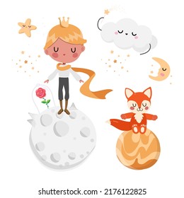 little prince and fox on the white background