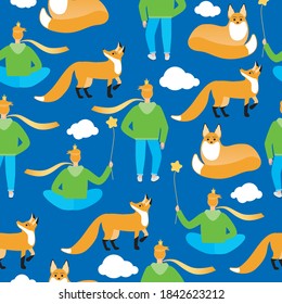Little prince and fox seamless pattern. Flat vector stock illustration. Friendship concept. The little prince is friends with the fox. Illustration or seamless pattern with book hero. For print