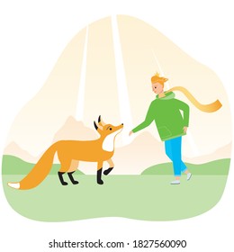 Little prince with a friend fox as a concept of friendship, loyalty, domestication. Flat vector stock illustration with modern little prince and pet as an illustration to the book