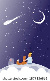 Little Prince with golden crown and red fox sitting on a planet against a starry sky, colored vector illustration