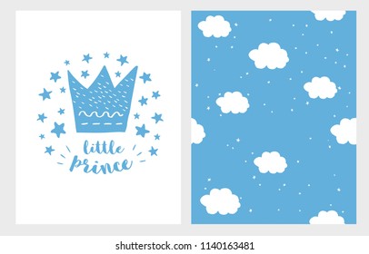 Little Prince. Hand Drawn Baby Shower Vector Illustriation for Card, Invitation, Textile, Wrapping Paper.Blue Crown, Stars and Letters on a White Background.White Clouds and Stars on a Blue Background