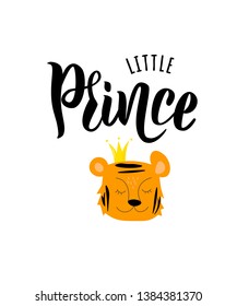 Little Prince hand lettering text on for clothes. Kids badge, tag, icon. Great for card, invitation,  birthday party, poster, banner template. Celebration typography. Vector.