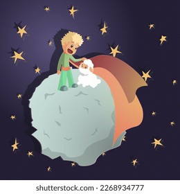 The Little Prince with his long scarf Petting His Sheep on His Tiny Planet