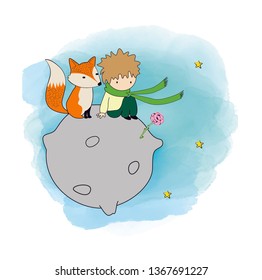 The Little Prince With His Rose And Fox - Vector