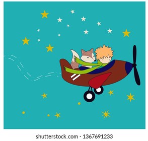 The Little Prince With His Rose And Fox - Vector