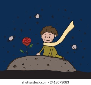 Little prince illustration image.
Hand drawn image artwork of a little prince. Simple cute original logo.
Hand drawn vector illustration for posters, cards, t-shirts