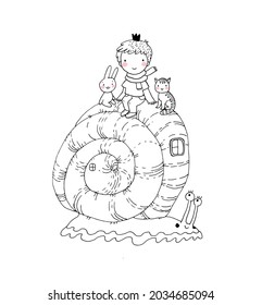 The little prince, kitten and bunny ride a snail. Cute funny boy. Design for a boy 