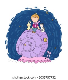 The little prince, kitten and bunny ride a snail. Cute funny boy. Design for a boy 