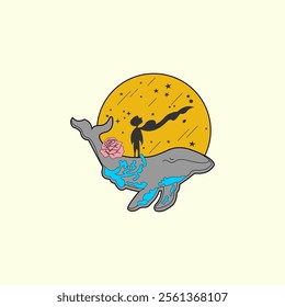 The little prince on a big whale looks at the moon, cartoon. Icon, symbol, detail.