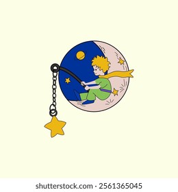 The little prince on the moon, catching a star with a fishing rod, cartoon. Icon, symbol, detail.