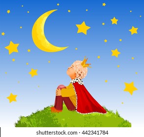 The Little Prince  on a planet  in beautiful night sky ,illustration art
