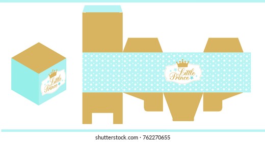 Little prince party printable template (baby shower, birthday) Die paper box. Print and cut. Gold and blue royal vector packing for sweet table. Favors gift box mockup.Cube shape package