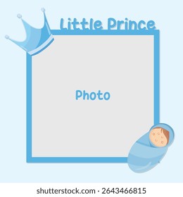 Little prince photo frame with blue flat illustrations, perfect for birthday party, baby shower invitations, greeting cards, and birth announcements