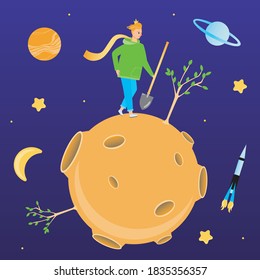 Little prince, planet, baobabs. Illustration for the book. Modern character boy little prince for the book. Flat vector stock illustration with prince and baobas on planet