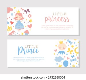Little Prince And Princess Banner Templates Set, Baby Boy And Girl Shower Or Birthday Party Poster, Invitation Card, Flyer Vector Illustration