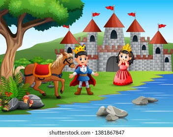 The little prince and princess in a beautiful landscape