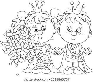 Little prince and princess with a bouquet of beautiful flowers, black and white vector cartoon illustration for a coloring book