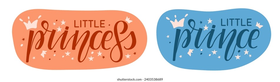 Little prince and little princess calligraphy lettering illustrations. Peach, blue Vector isolated for Baby shower card, gender party clothes, mug, in