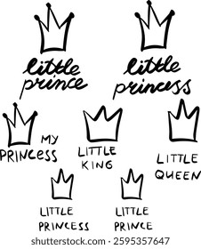 Little prince little princess king queen vector text set card design. Vector illustration
