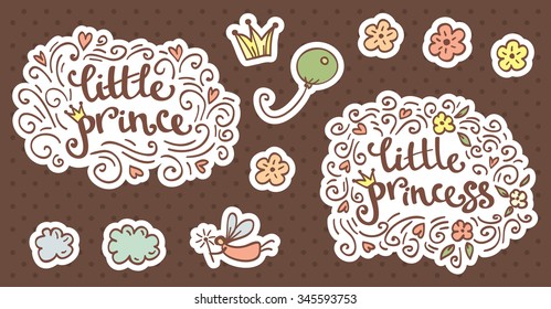 Little prince and princess logo elements and stickers in vector